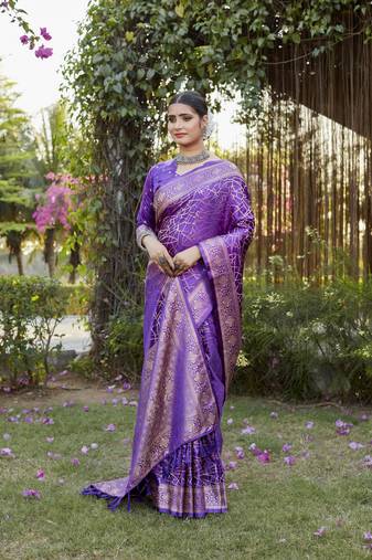 Purple Satin silk Geomatric design banarasi style zari weaving saree with Blouse