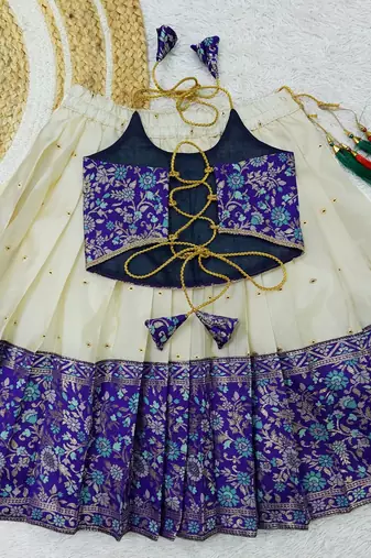 Baby Girl's Traditional Readymade South Indian Pattu Pavadai Blue Lehenga Choli For Kid's