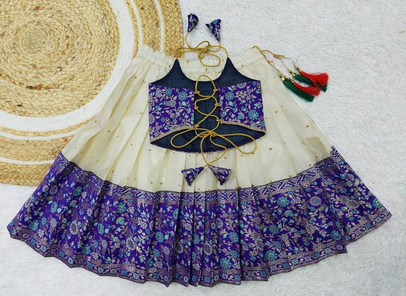 Baby Girl's Traditional Readymade South Indian Pattu Pavadai Blue Lehenga Choli For Kid's