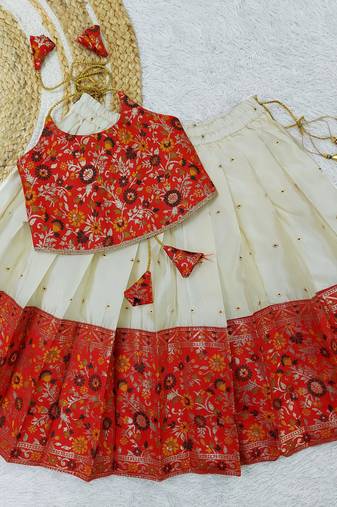 Baby Girl's Traditional Readymade South Indian Pattu Pavadai Red Lehenga Choli For Kid's