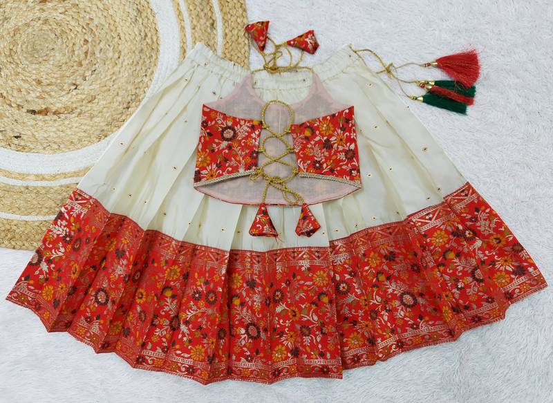 Baby Girl's Traditional Readymade South Indian Pattu Pavadai Red Lehenga Choli For Kid's