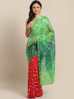 Hand Dyed Green & Red Bandhani Silk Sustainable Saree 1