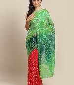 Hand Dyed Green & Red Bandhani Silk Sustainable Saree