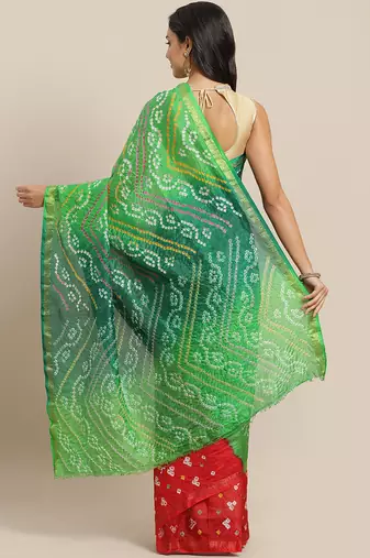 Hand Dyed Green & Red Bandhani Silk Sustainable Saree