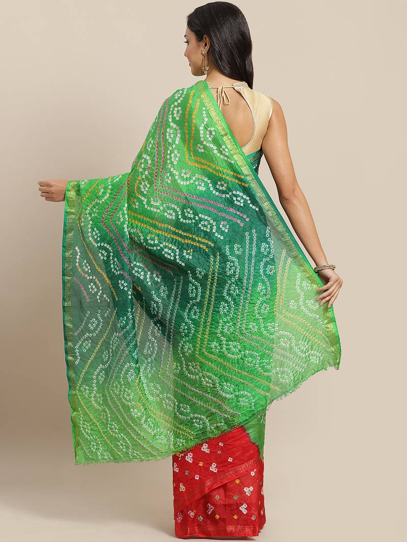 Hand Dyed Green & Red Bandhani Silk Sustainable Saree