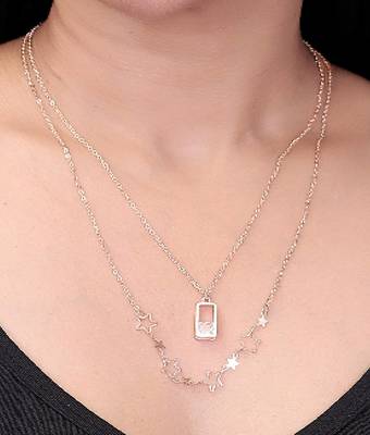   rosegold-plated lock shaped cz studded layered chain necklace 1