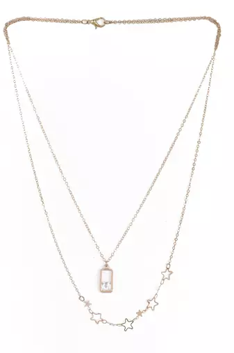   rosegold-plated lock shaped cz studded layered chain necklace
