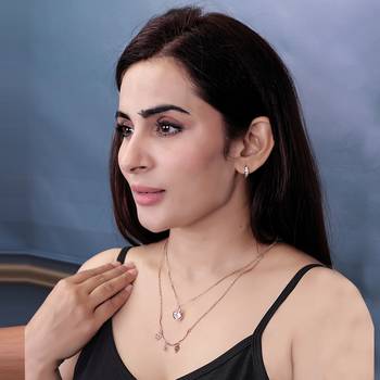   rosegold-plated leafe shaped cz studded layered chain necklace 2