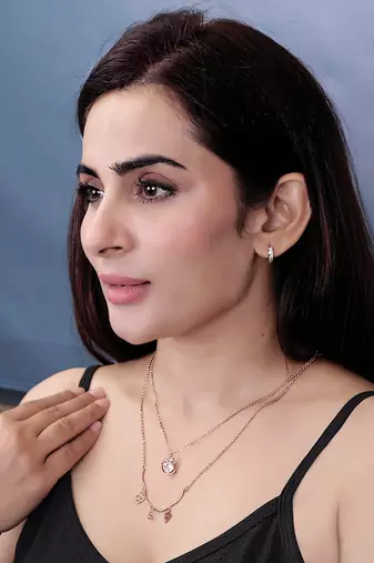   rosegold-plated leafe shaped cz studded layered chain necklace