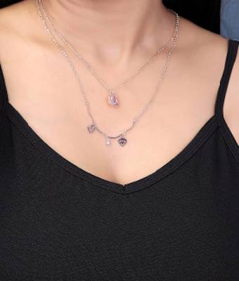   rosegold-plated leafe shaped cz studded layered chain necklace 1
