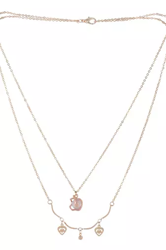  rosegold-plated leafe shaped cz studded layered chain necklace