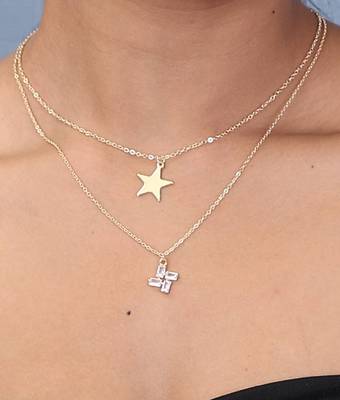   Gold-plated star & Swastik shaped cz studded layered chain necklace 1