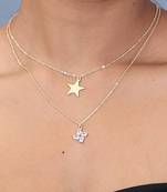   Gold-plated star & Swastik shaped cz studded layered chain necklace
