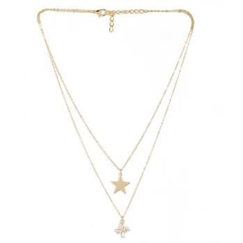   Gold-plated star & Swastik shaped cz studded layered chain necklace 3