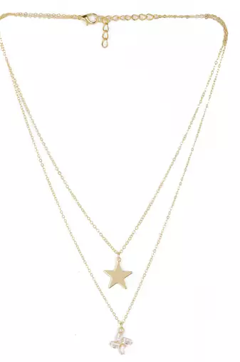   Gold-plated star & Swastik shaped cz studded layered chain necklace