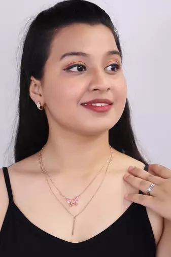   rosegold-plated butterfly shaped cz studded layered chain necklace