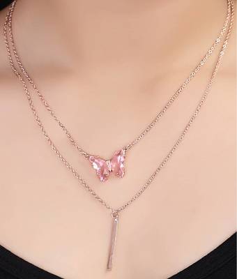   rosegold-plated butterfly shaped cz studded layered chain necklace 1