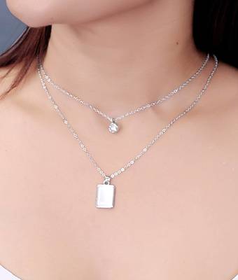   rhodium-plated shaped cz studded layered chain necklace 1