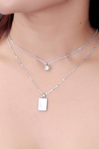   rhodium-plated shaped cz studded layered chain necklace
