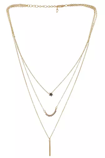   gold-plated star shaped cz studded layered chain necklace