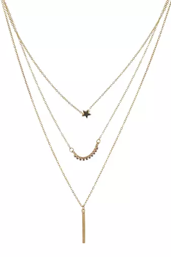   gold-plated star shaped cz studded layered chain necklace
