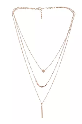   rosegold-plated star shaped cz studded layered chain necklace