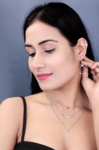   rhodium-plated star shaped cz studded layered chain necklace