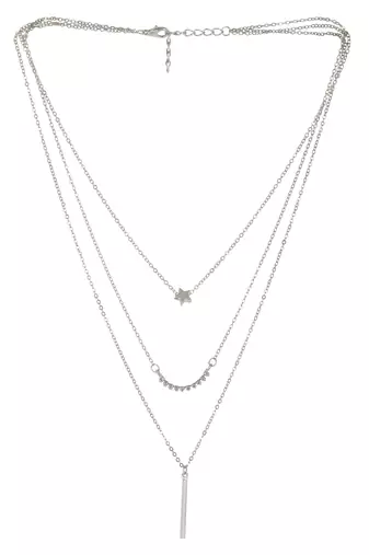   rhodium-plated star shaped cz studded layered chain necklace