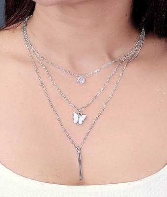   rhodium-plated star shaped cz studded layered chain necklace 1
