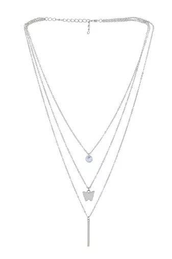   rhodium-plated star shaped cz studded layered chain necklace