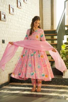 Soft Pink Muslin Printed Anarkali Suit Set 1