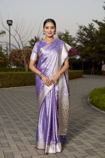 Purple Kanjivaram style Satin silk zari weaving border saree with Blouse