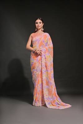 Orange Sequins Georgette Saree  1
