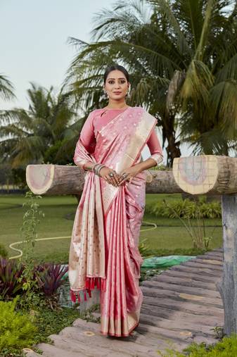 Peach Kanjivaram style Satin silk zari weaving border saree with Blouse