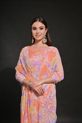 Orange Sequins Georgette Saree  5