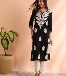 women black rayon solid embroidered straight kurta