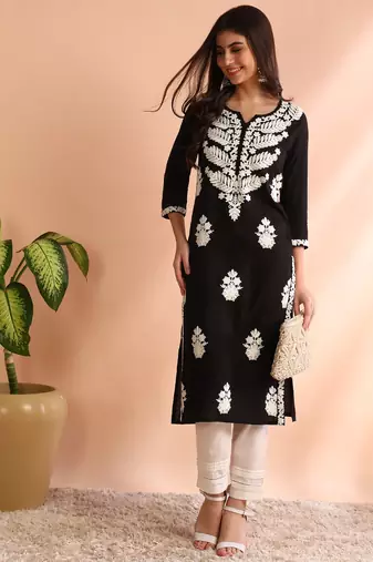 women black rayon solid embroidered straight kurta