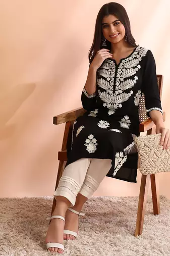 women black rayon solid embroidered straight kurta