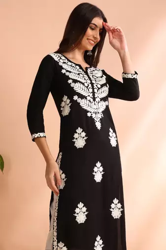 women black rayon solid embroidered straight kurta