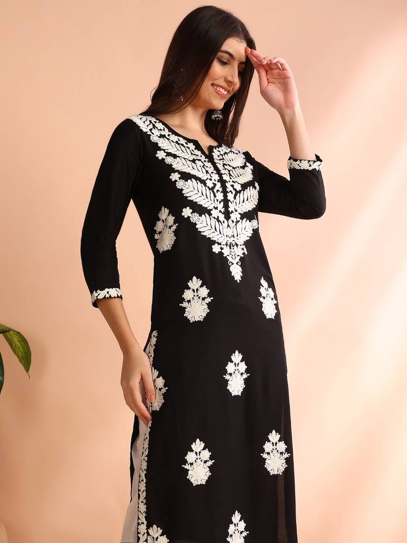 women black rayon solid embroidered straight kurta