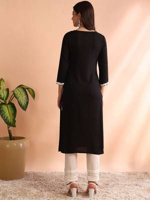 women black rayon solid embroidered straight kurta 5