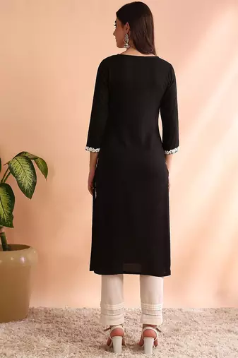 women black rayon solid embroidered straight kurta