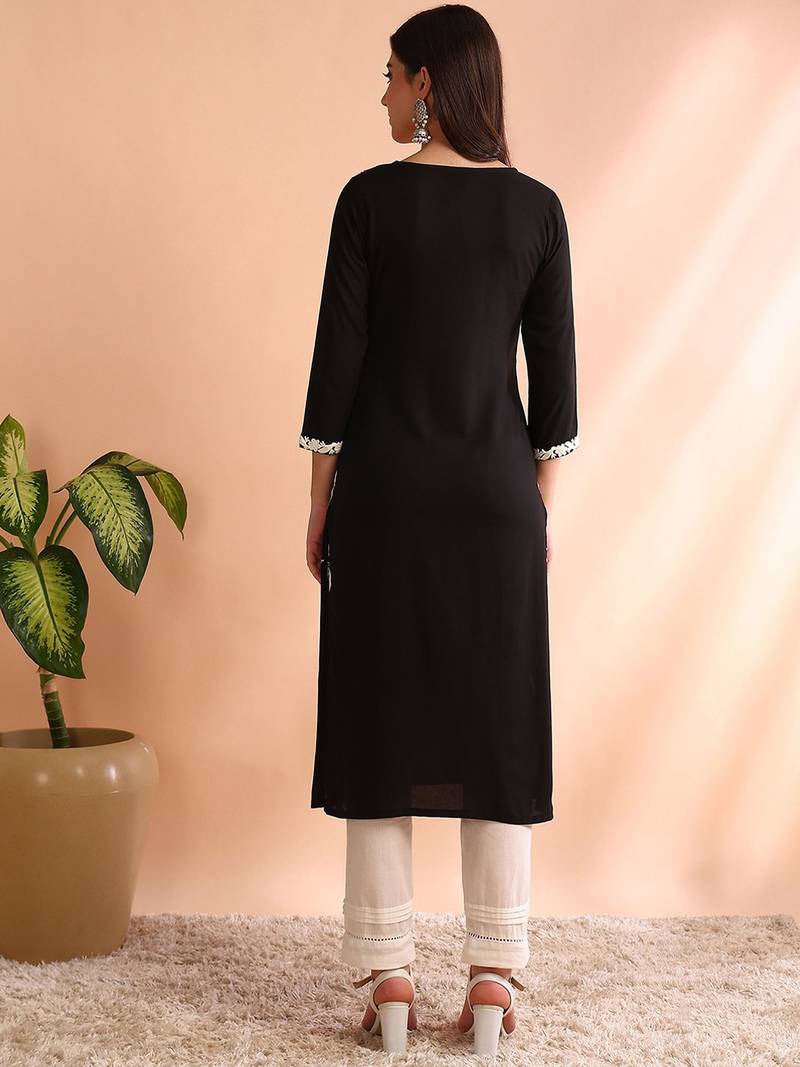women black rayon solid embroidered straight kurta