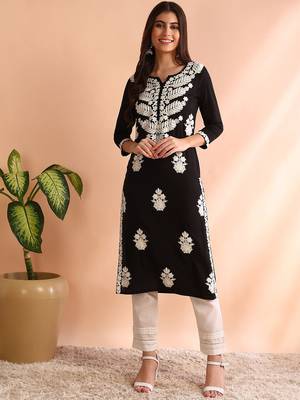 women black rayon solid embroidered straight kurta 1