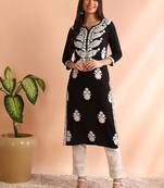 women black rayon solid embroidered straight kurta