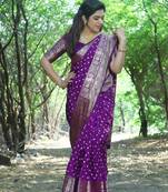 Women Purple Silk Kanjivaram Saree Woven Zari Border Rich Pallu Saree With Blouse For Women