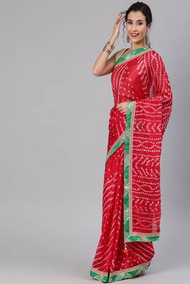 Hand Dyed Red Bandhani Silk Sustainable Saree 1