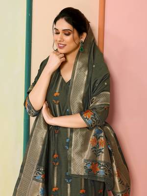 Mahendi colour beautiful chanderi fabric ethnic woven designer partywear salwar kameez 1
