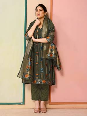 Mahendi colour beautiful chanderi fabric ethnic woven designer partywear salwar kameez 3