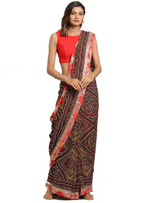 Hand Dyed Brown Bandhani Georgette Sustainable Saree 1